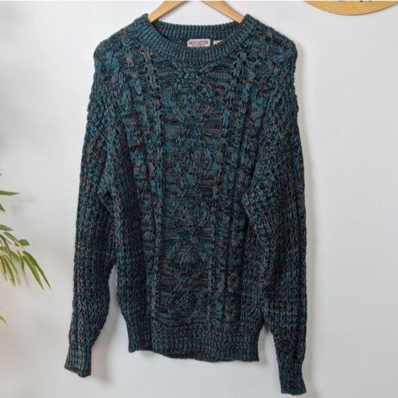 Vintage 90s Oversized Cozy Sweater Mens M Womens L Teal Chunky Cable Knit - Picture 5 of 9